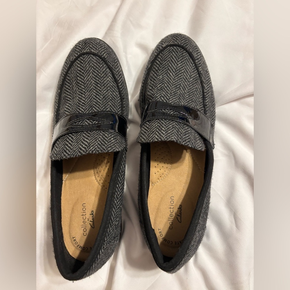 Clarks Tweed Penny Loafers Women’s Size 8 Classic Work Shoes - Picture 1 of 7